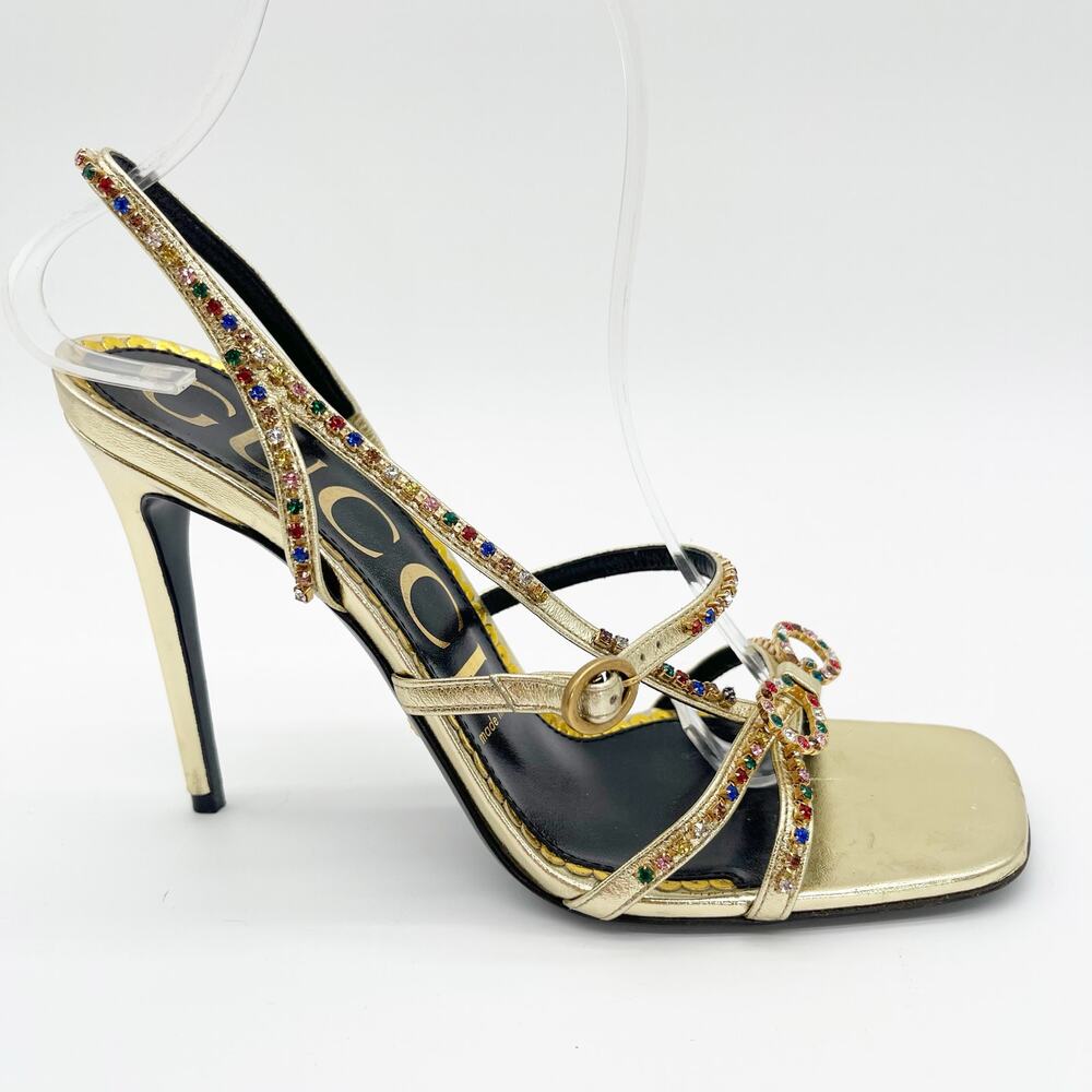 Gucci Carmen Crystal Embellished Gold Leather Bow High Heel Sandals EU 38.5 - Picture 3 of 13